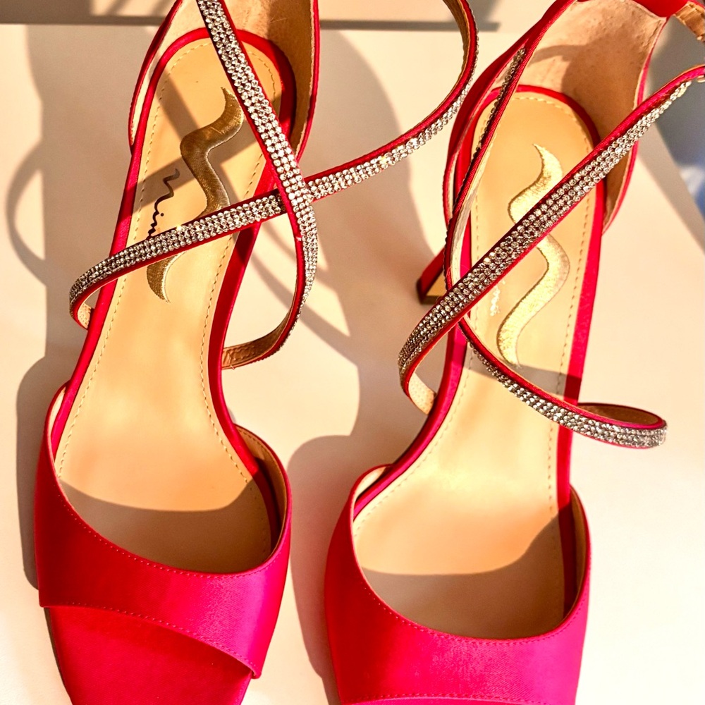 Hot Pink Satin Strappy Heels with Crystal Ankle Straps